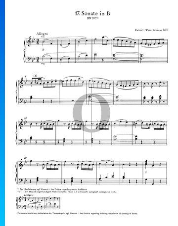 Sonata para piano n.º 17 en si bemol mayor, KV 570: 1. Allegro Partitura