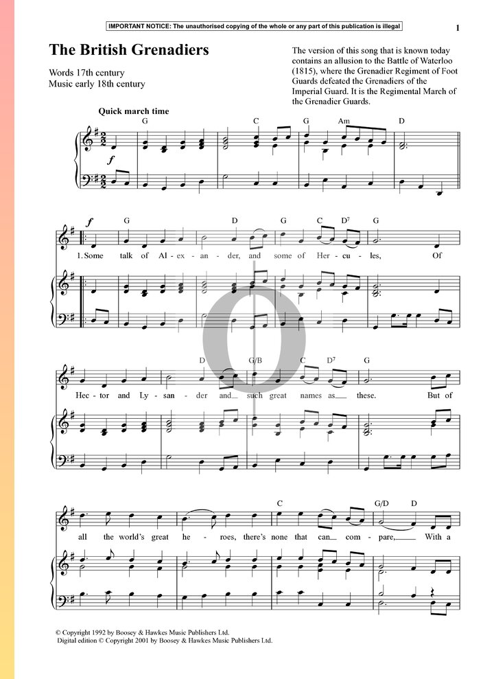 The British Grenadiers (Anonymous) Piano Sheet Music OKTAV