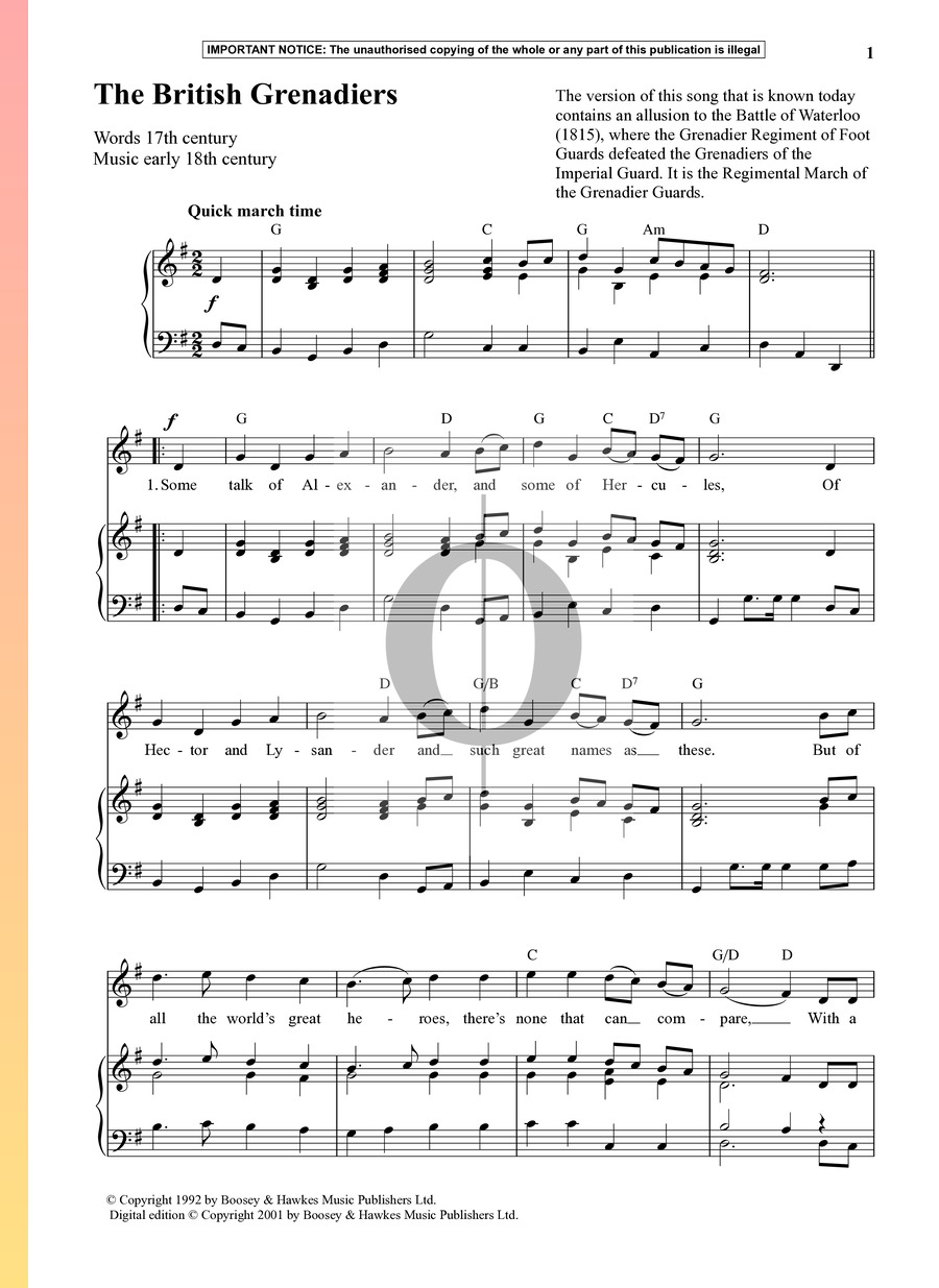 The British Grenadiers (Anonymous) Piano Sheet Music OKTAV