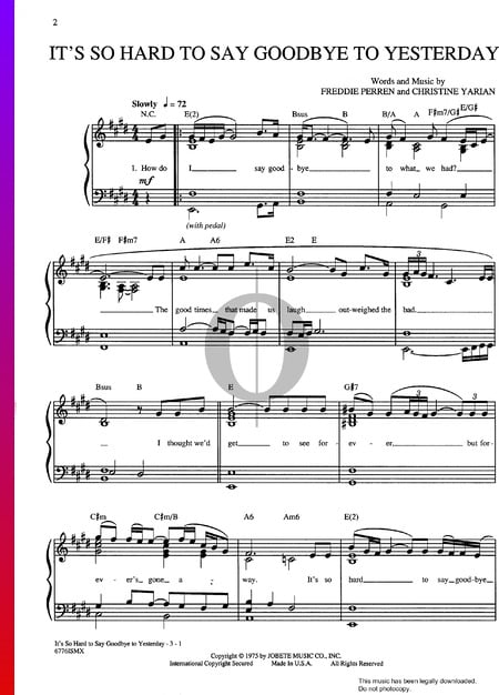 It's So Hard To Say Goodbye To Yesterday Sheet Music