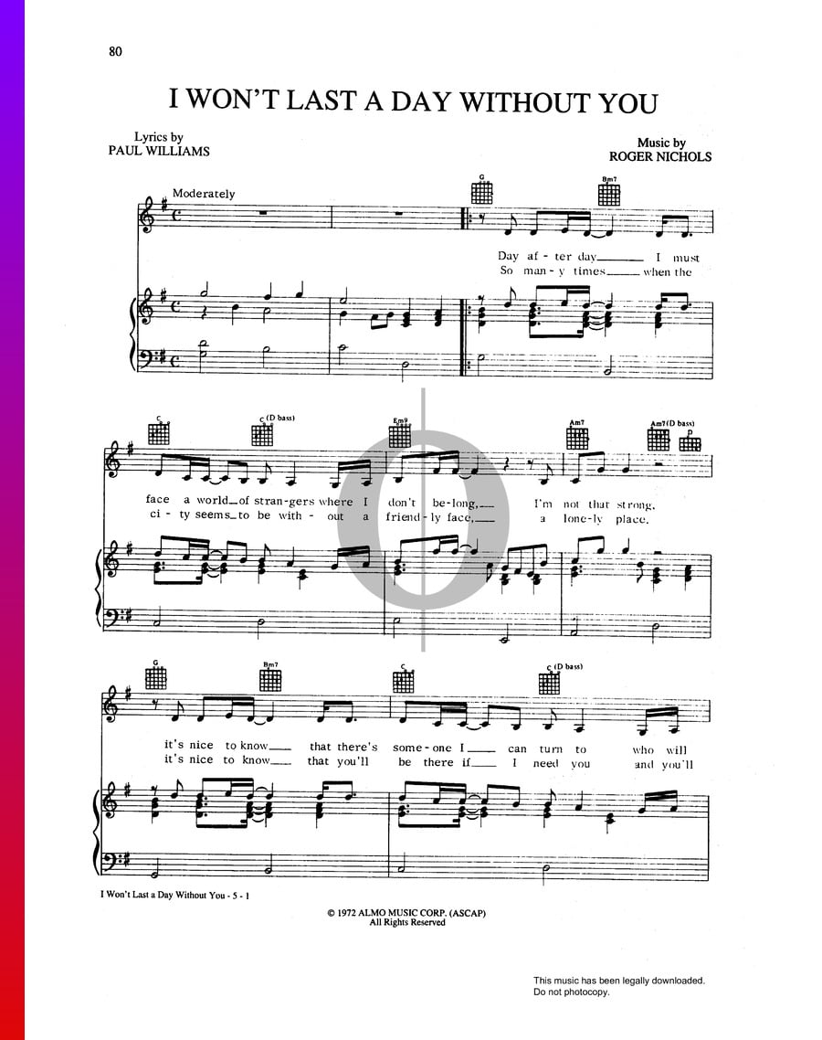 I Won't Last A Day Without You (The Carpenters) Piano Sheet Music - OKTAV