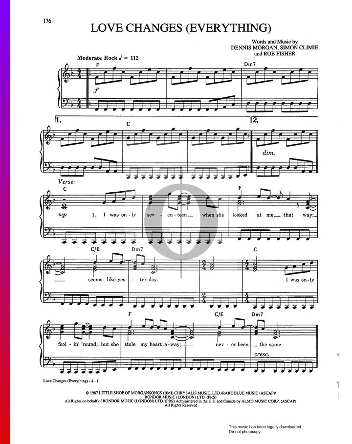 Love Changes (Everything) (Climie Fisher) Piano Sheet Music OKTAV