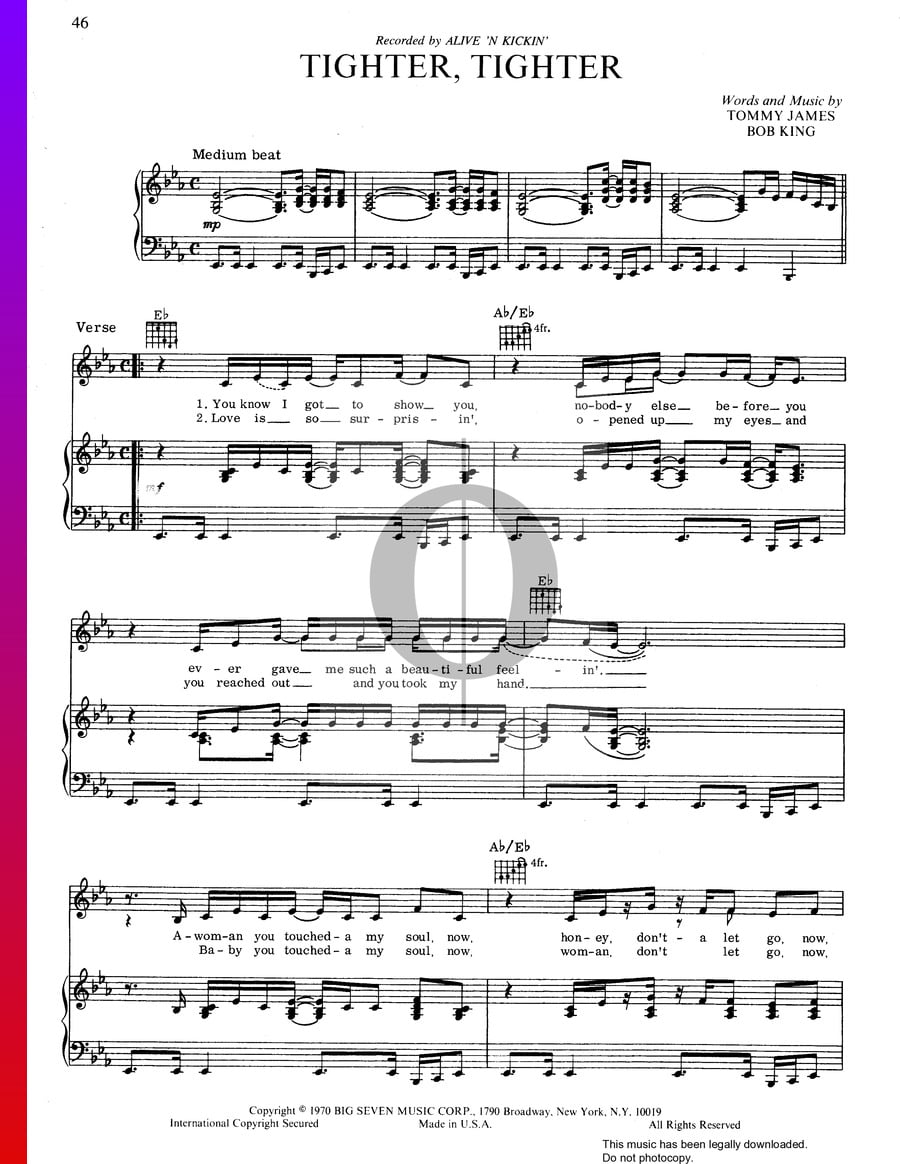 Tighter, Tighter (Alive N Kickin') Piano Sheet Music - OKTAV