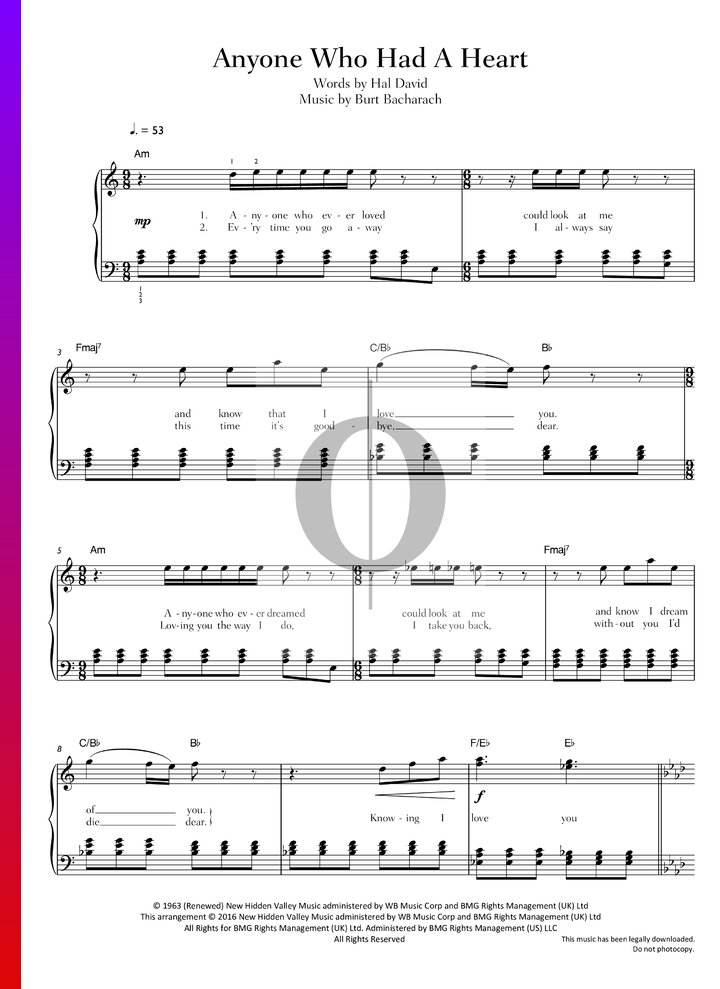 Anyone Who Had A Heart (Cilla Black) Piano Sheet Music - OKTAV