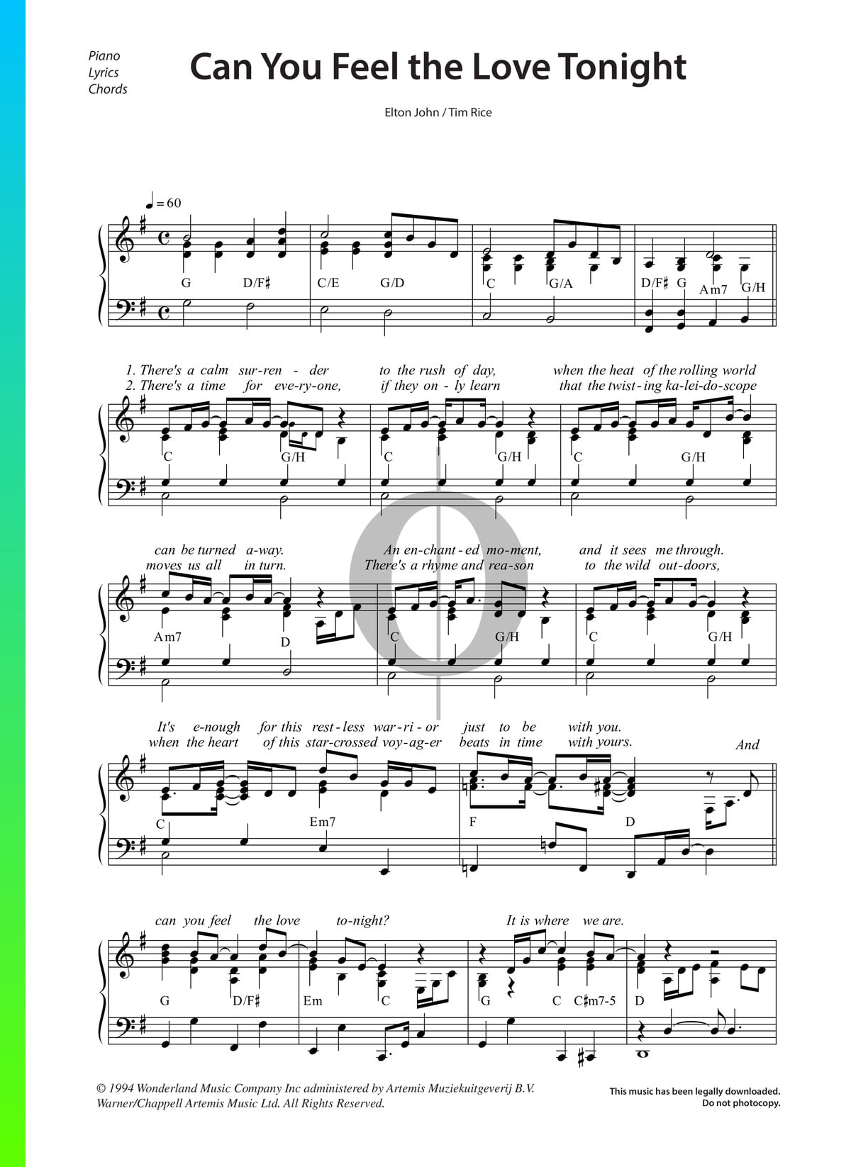 Vacunar enchufe Valiente ▷ Can You Feel The Love Tonight Sheet Music from The Lion King by Elton  John | PDF Download - OKTAV