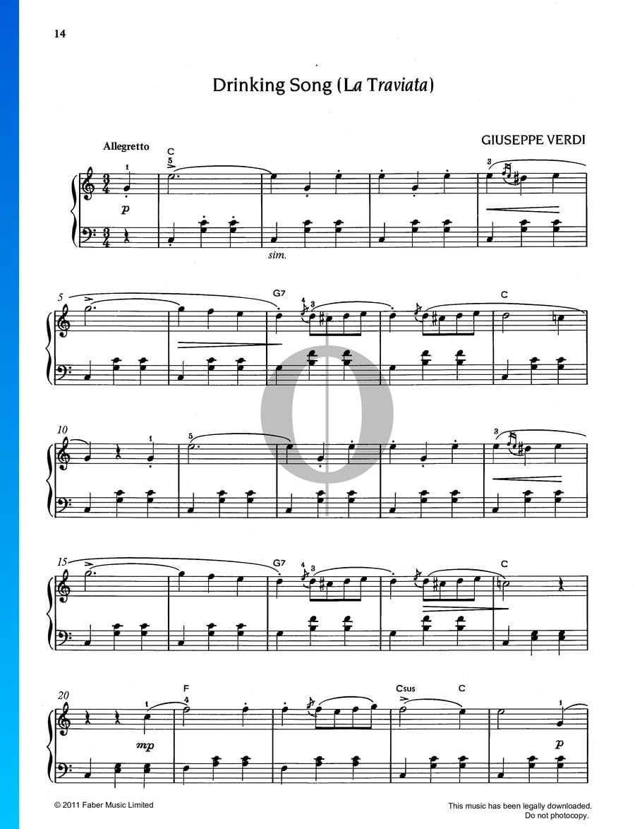 Drinking Song La Traviata Giuseppe Verdi Piano Sheet Music Oktav