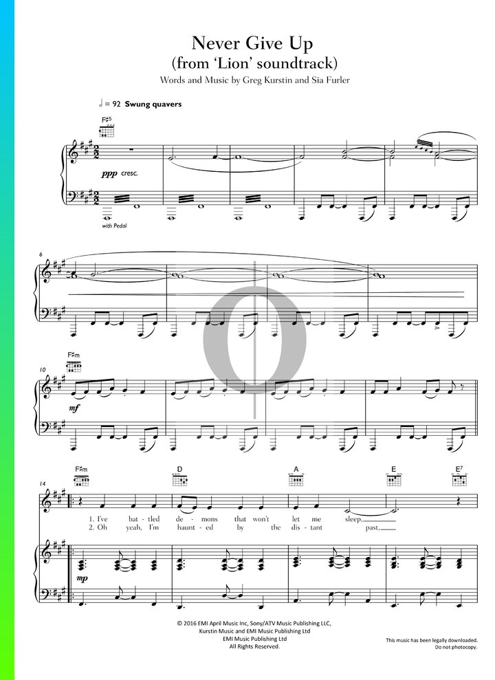 Never Give Up Piano Sheet Music From Lion By Sia Oktav