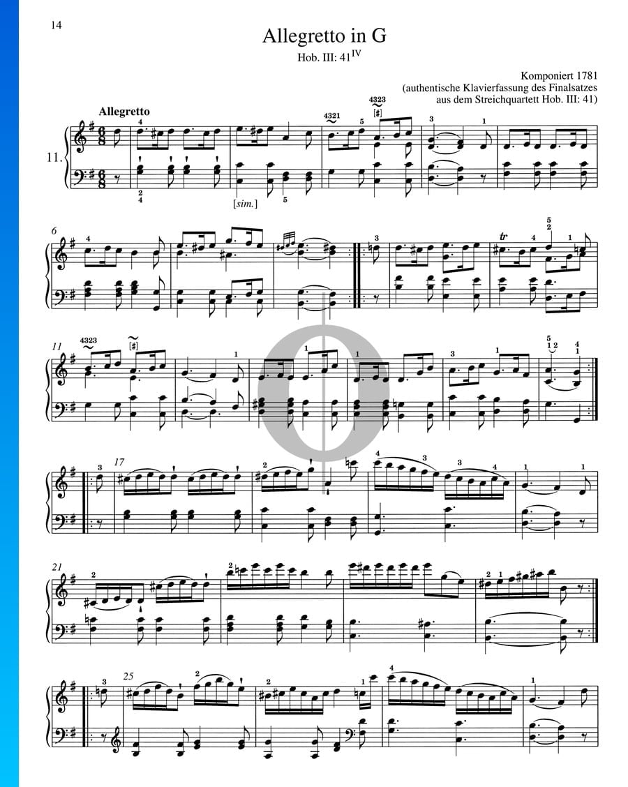Allegretto in G Major, Hob. III: 41/IV (Franz Joseph Haydn) Piano Sheet ...