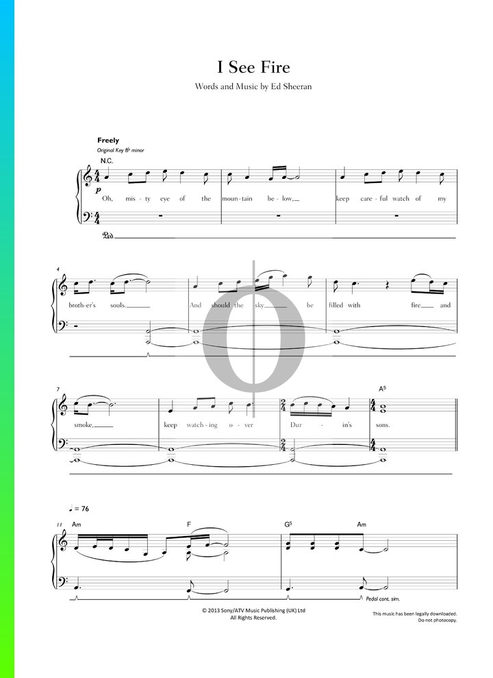 I See Fire Piano Sheet Music From The Hobbit The Desolation Of Smaug By Ed Sheeran Oktav 