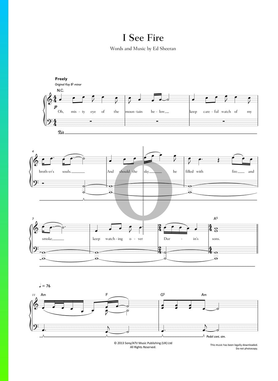 I See Fire Piano Sheet Music from The Hobbit: The Desolation of Smaug ...