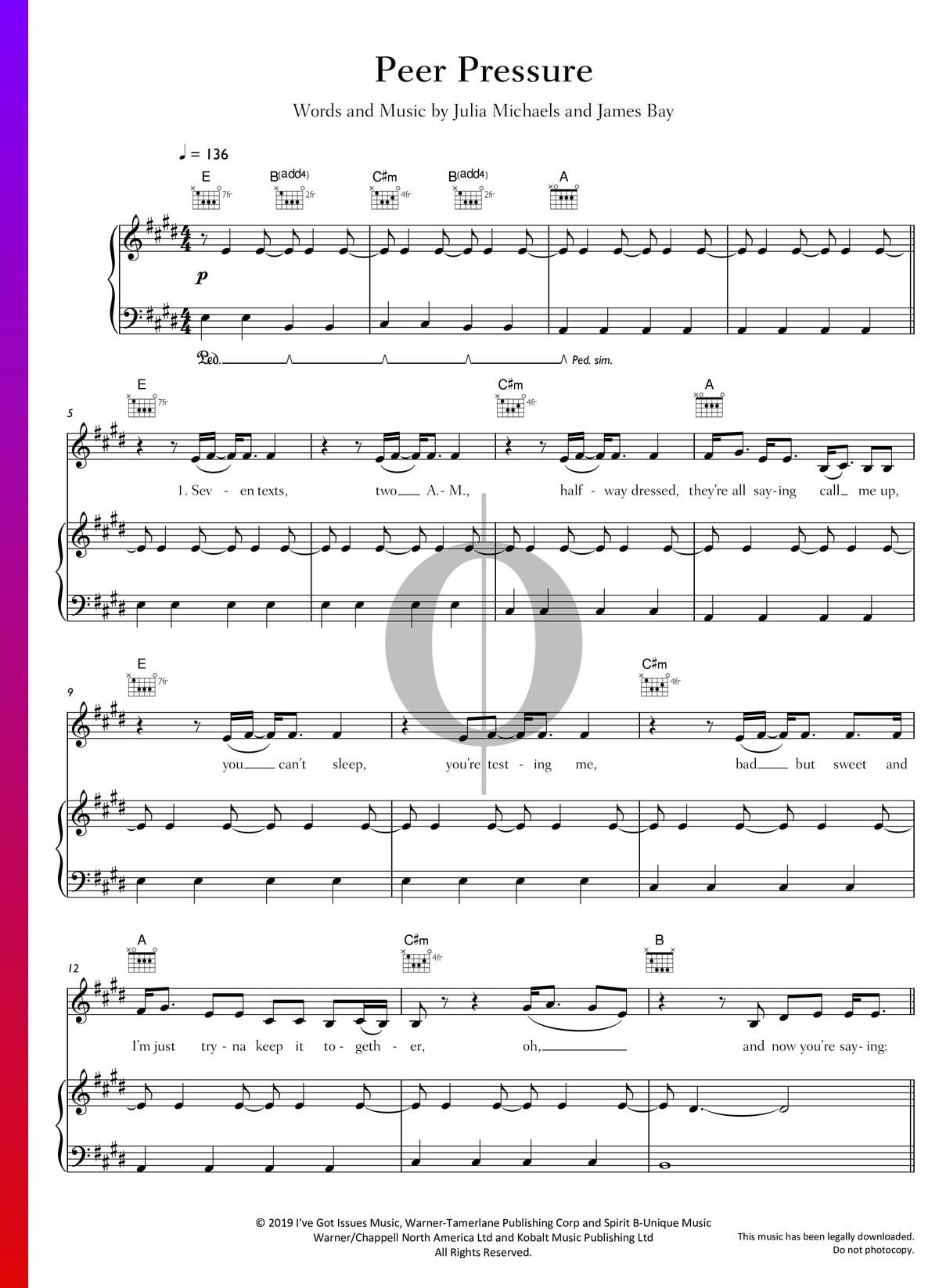 Peer Pressure Julia Michaels James Bay Piano Sheet Music OKTAV