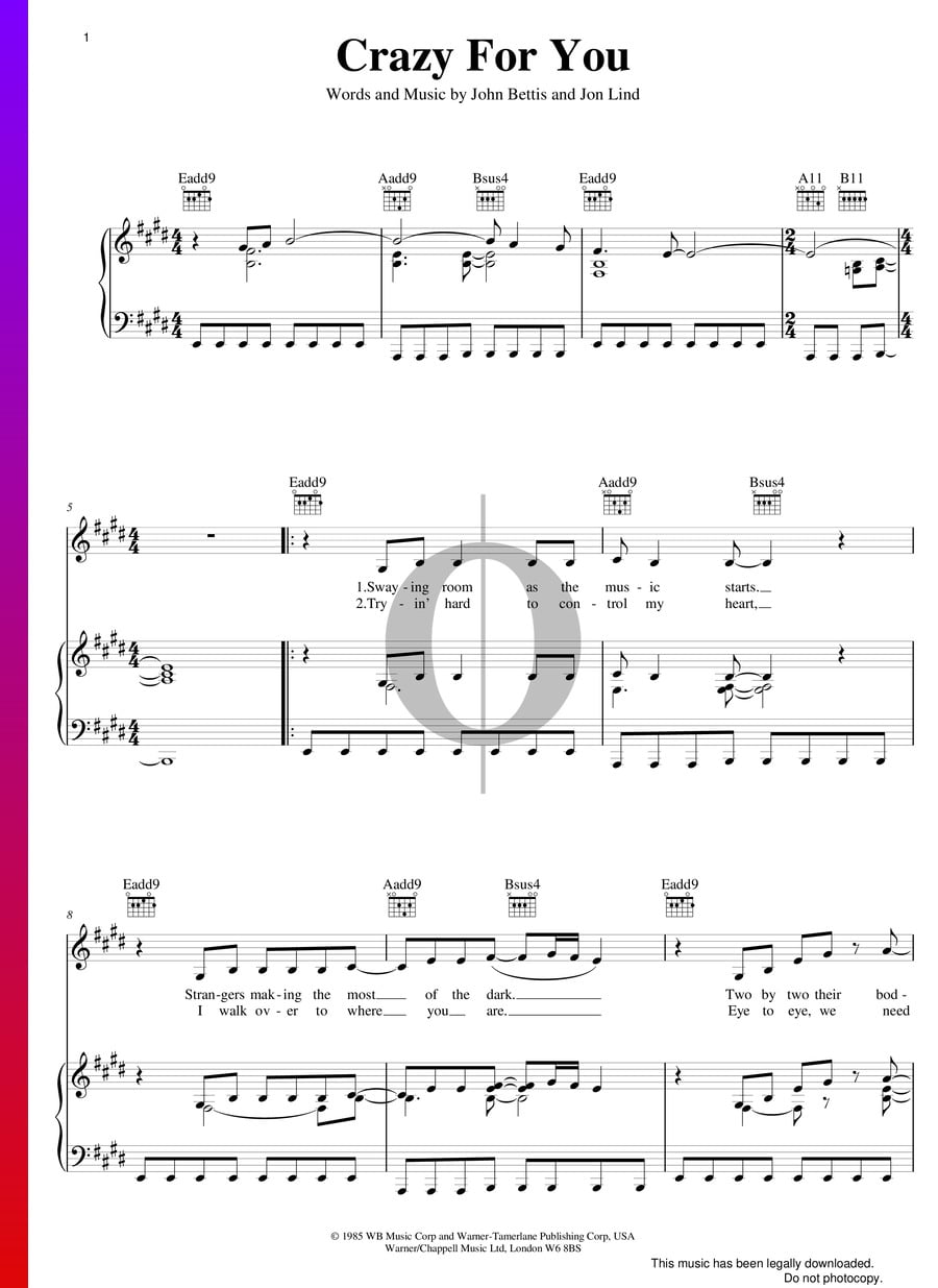 Crazy For You (Madonna) Piano Sheet Music OKTAV