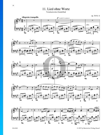 Canción de góndola (Venetianisches Gondellied), Op. 30 n.º 6 Partitura
