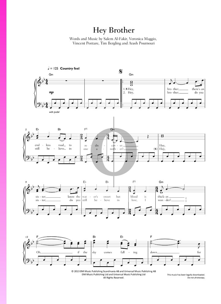 Hey Brother Notes Hey Brother (Avicii) Piano Sheet Music - OKTAV