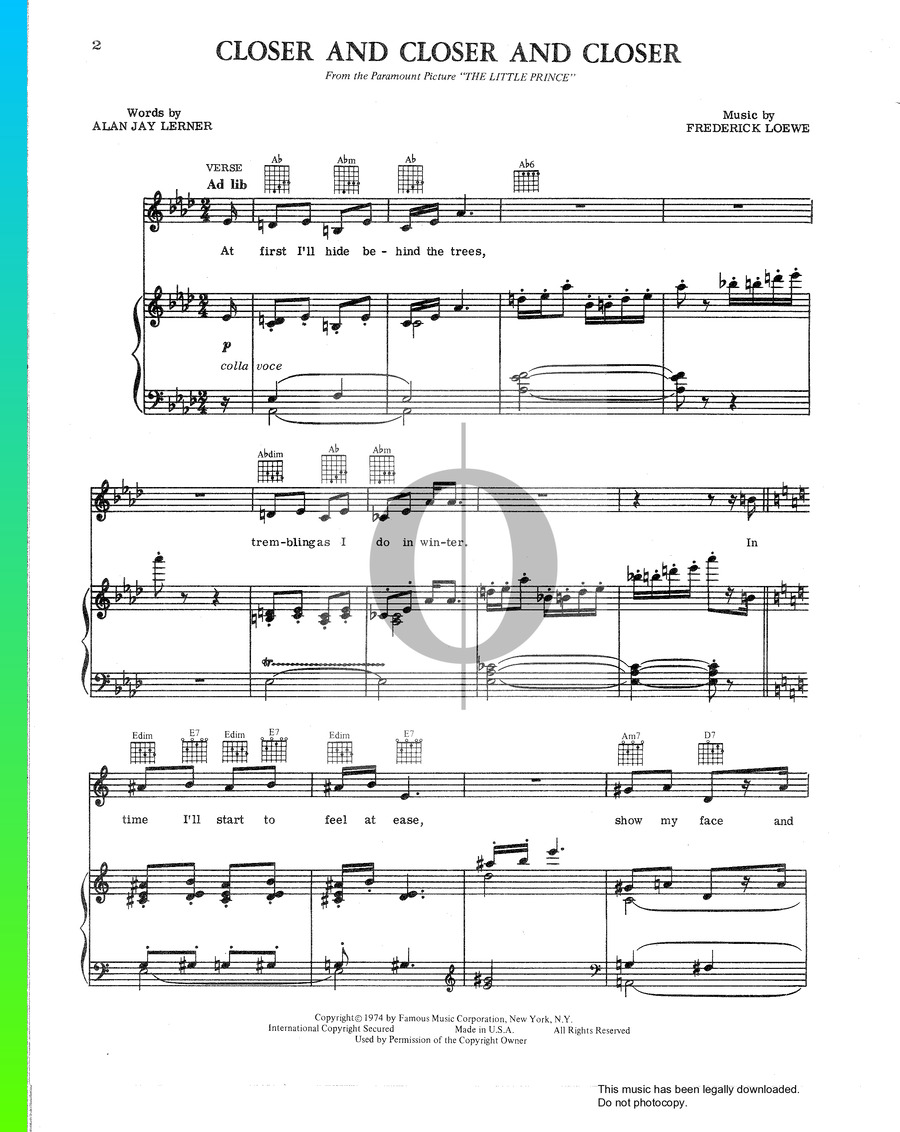 Closer And Closer And Closer Piano Sheet Music from The Little Prince ...