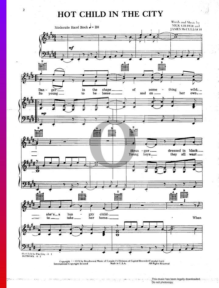 Hot Child In The City (Nick Gilder) Piano Sheet Music - OKTAV