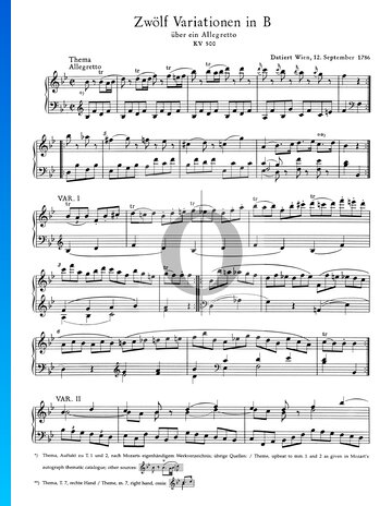 12 Variations in B-flat Major, KV 500 Sheet Music