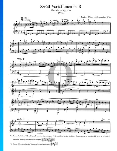 12 Variations in B-flat Major, KV 500 Sheet Music