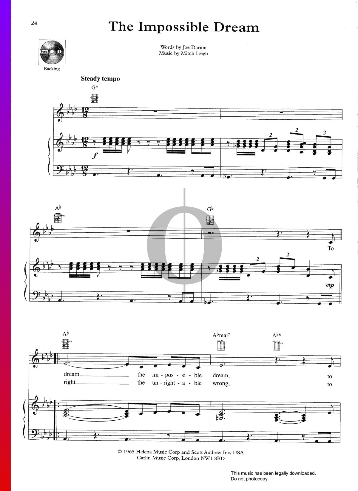 The Impossible Dream Sheet Music Piano Voice Guitar Pdf Download Streaming Oktav