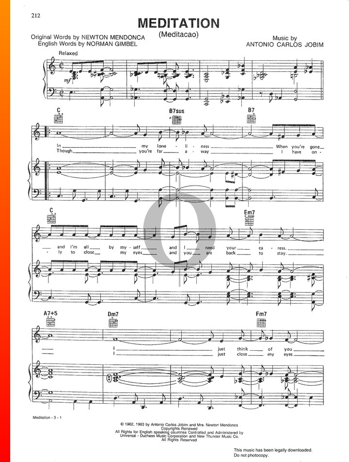 Meditation (Meditacao) (Antonio Carlos Jobim) Piano Sheet Music - OKTAV