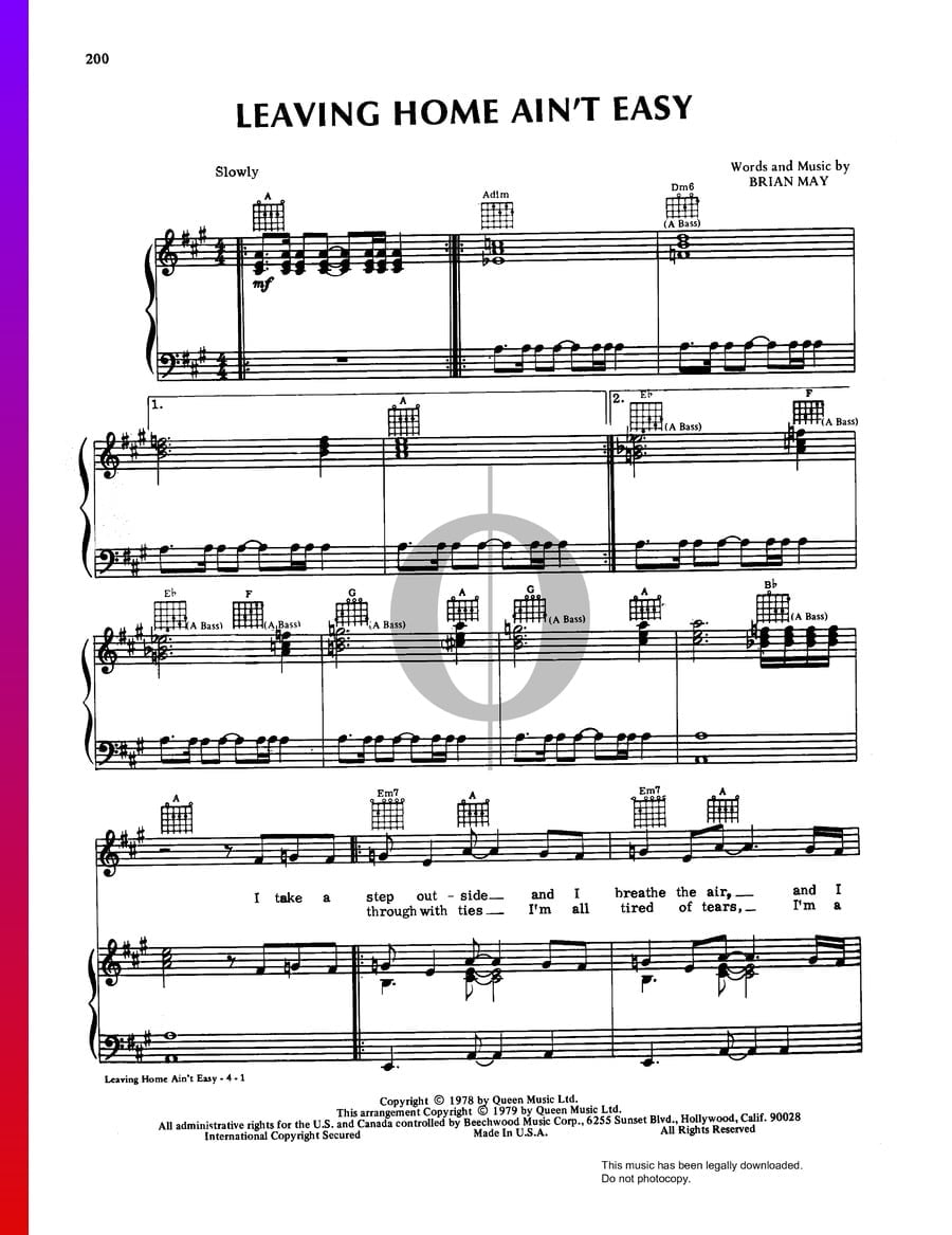 Leaving Home Ain t Easy (Queen) Piano Sheet Music OKTAV