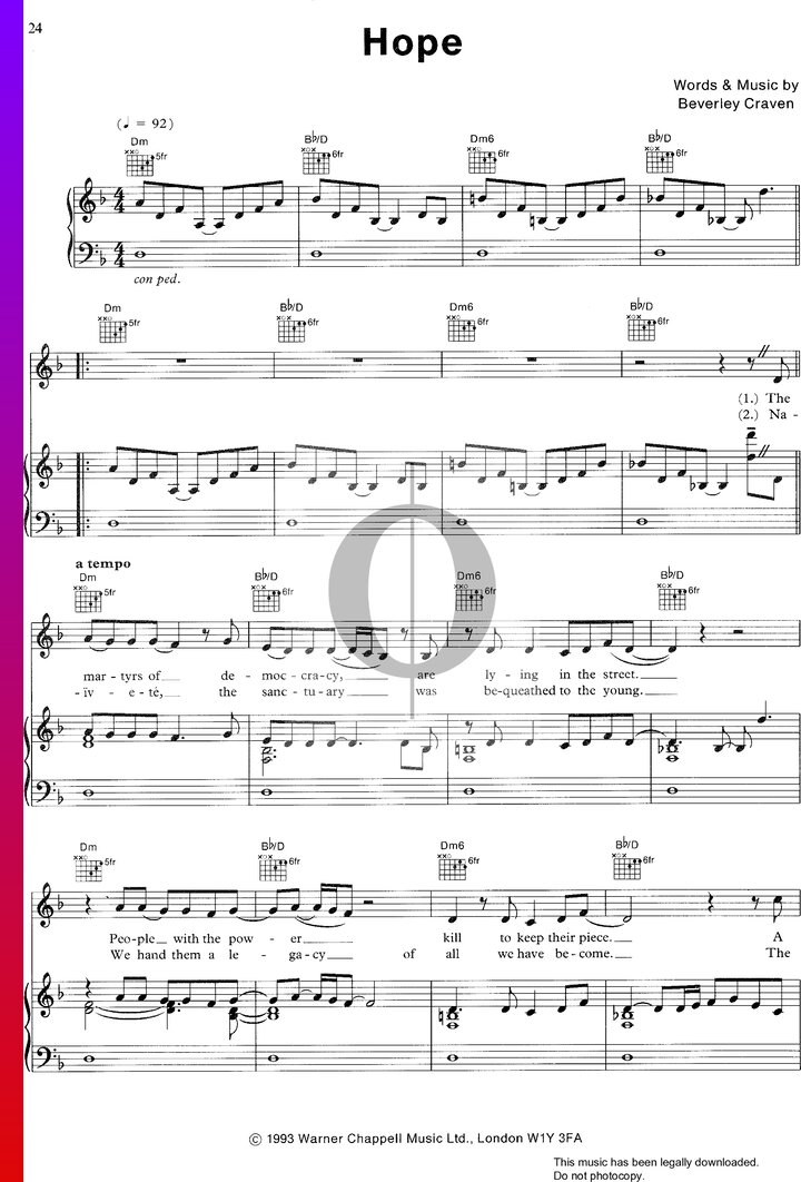 Hope Keyboard Notes Hope (Beverley Craven) Piano Sheet Music - OKTAV