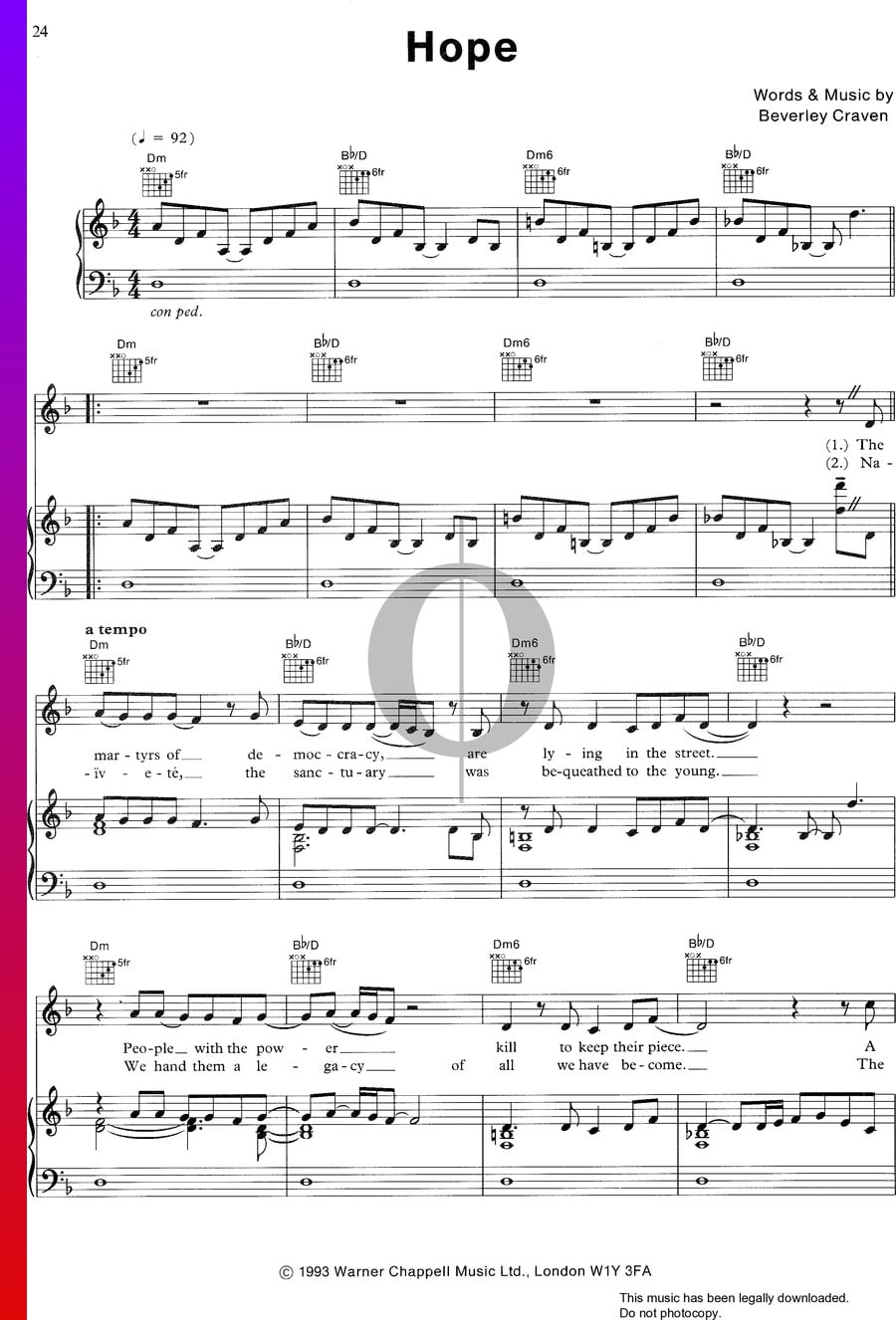 Hope (Beverley Craven) Piano Sheet Music - OKTAV