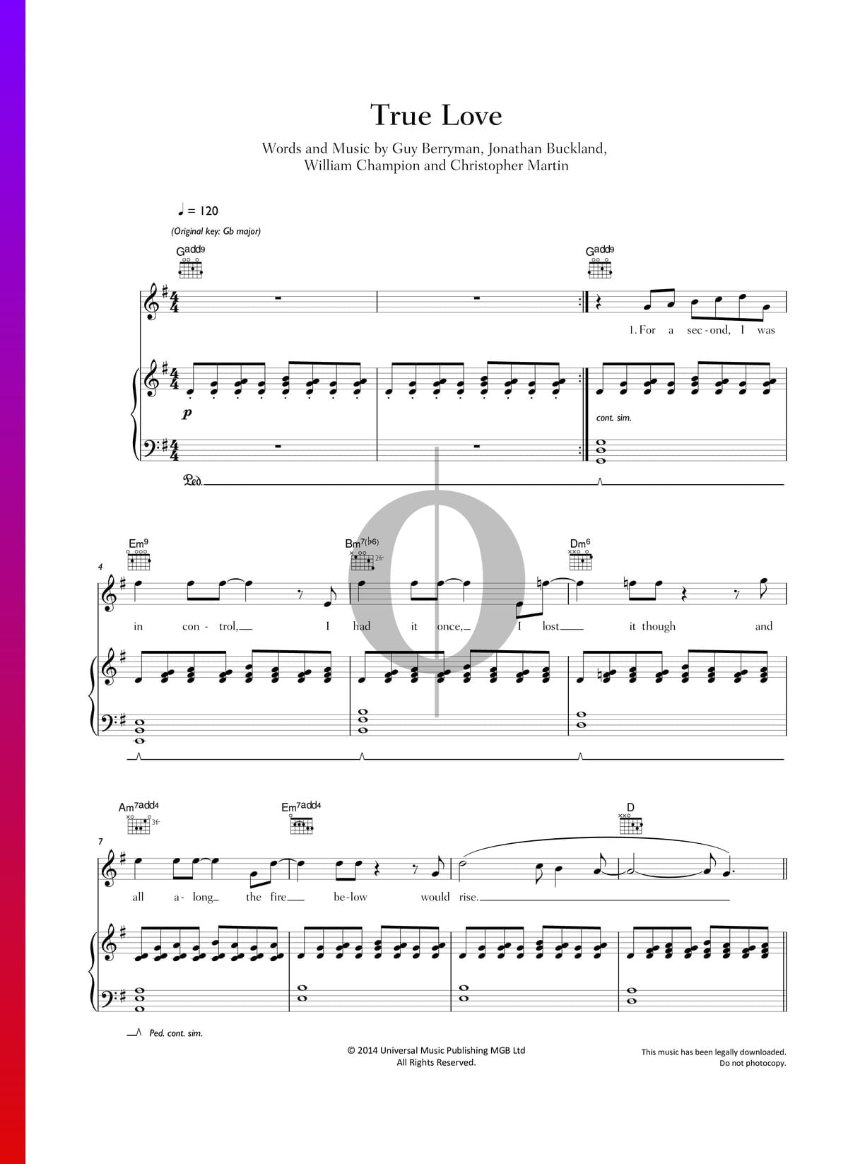 True Love by Coldplay - Piano, Vocal, Guitar - Digital Sheet Music