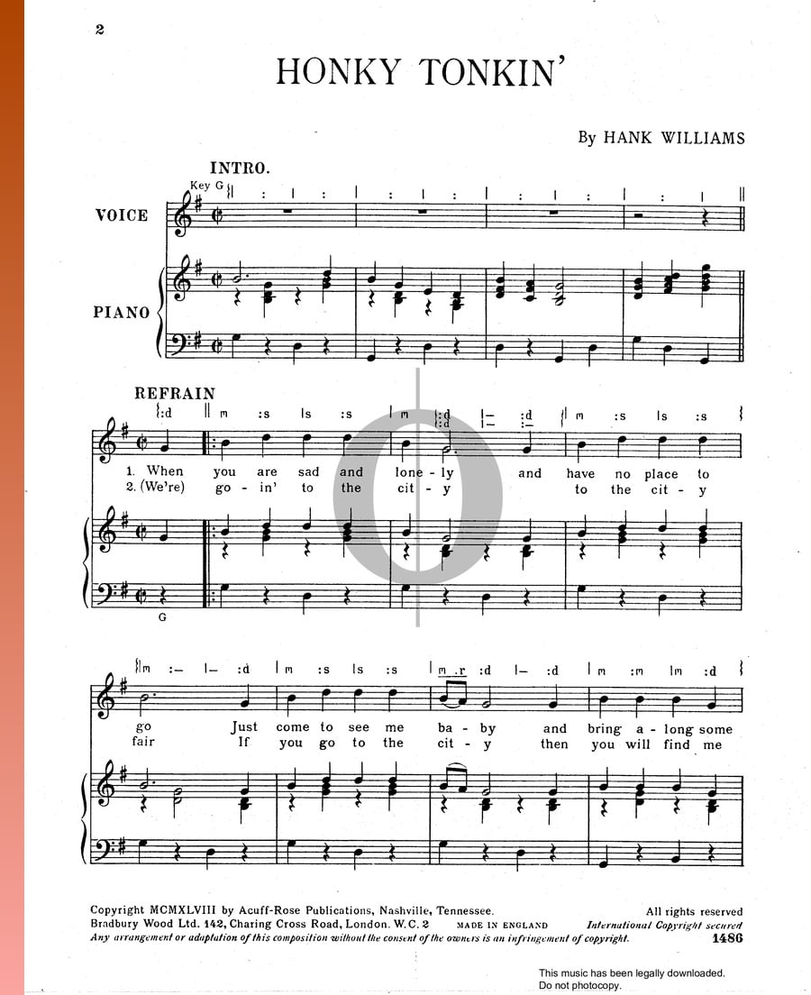 Honky Tonkin' (Hank Williams) Piano Sheet Music - OKTAV