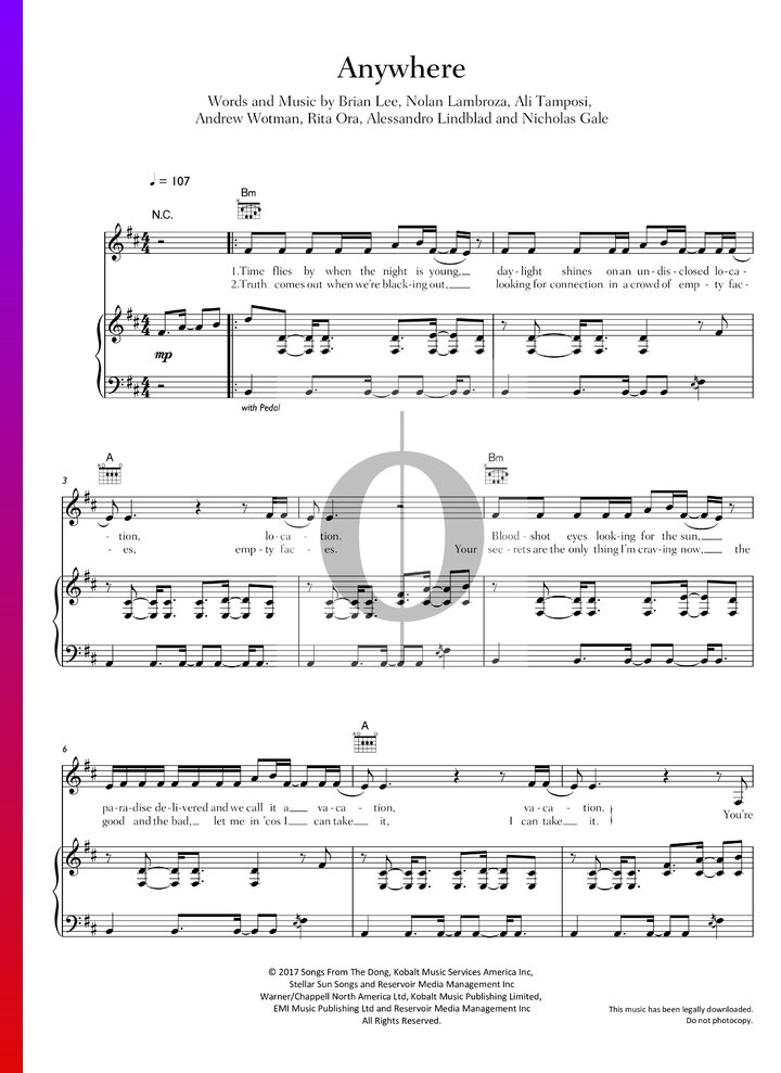 Anywhere Rita Ora Piano Sheet Music Oktav 0983