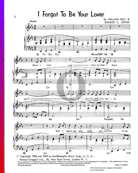 I Forgot To Be Your Lover Sheet Music