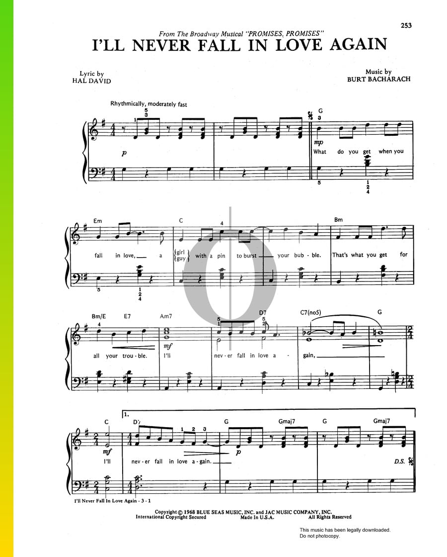 I'll Never Fall In Love Again (Burt Bacharach) Piano Sheet Music - OKTAV - Angel I Ll Never Fall In Love Again
