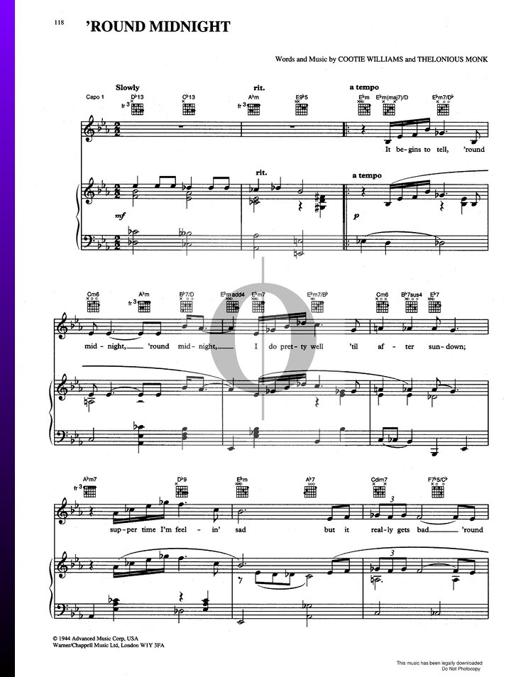 'Round Midnight (Thelonious Monk) Piano Sheet Music - OKTAV