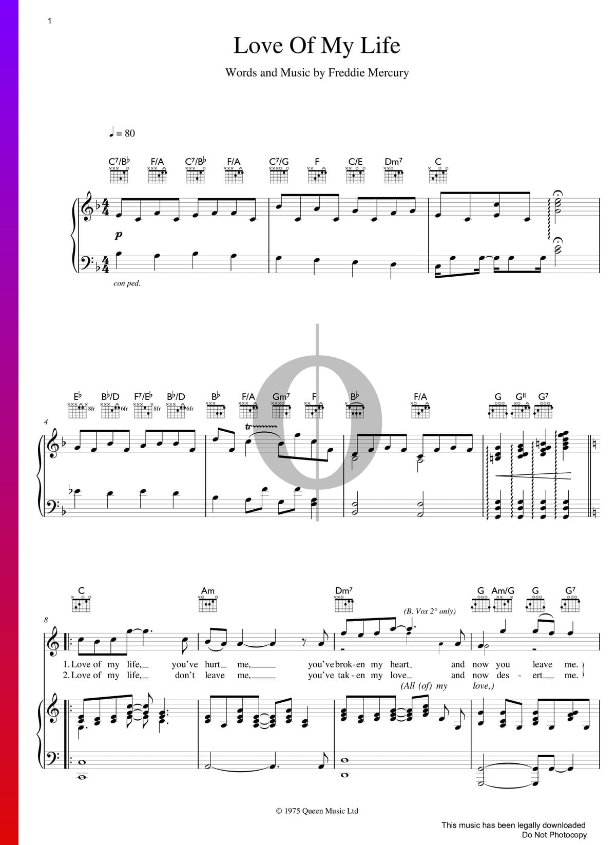 Duplicar consenso escribir una carta Love Of My Life Partitura » Queen (Piano, Guitarra, Voz) | Descarga PDF -  OKTAV