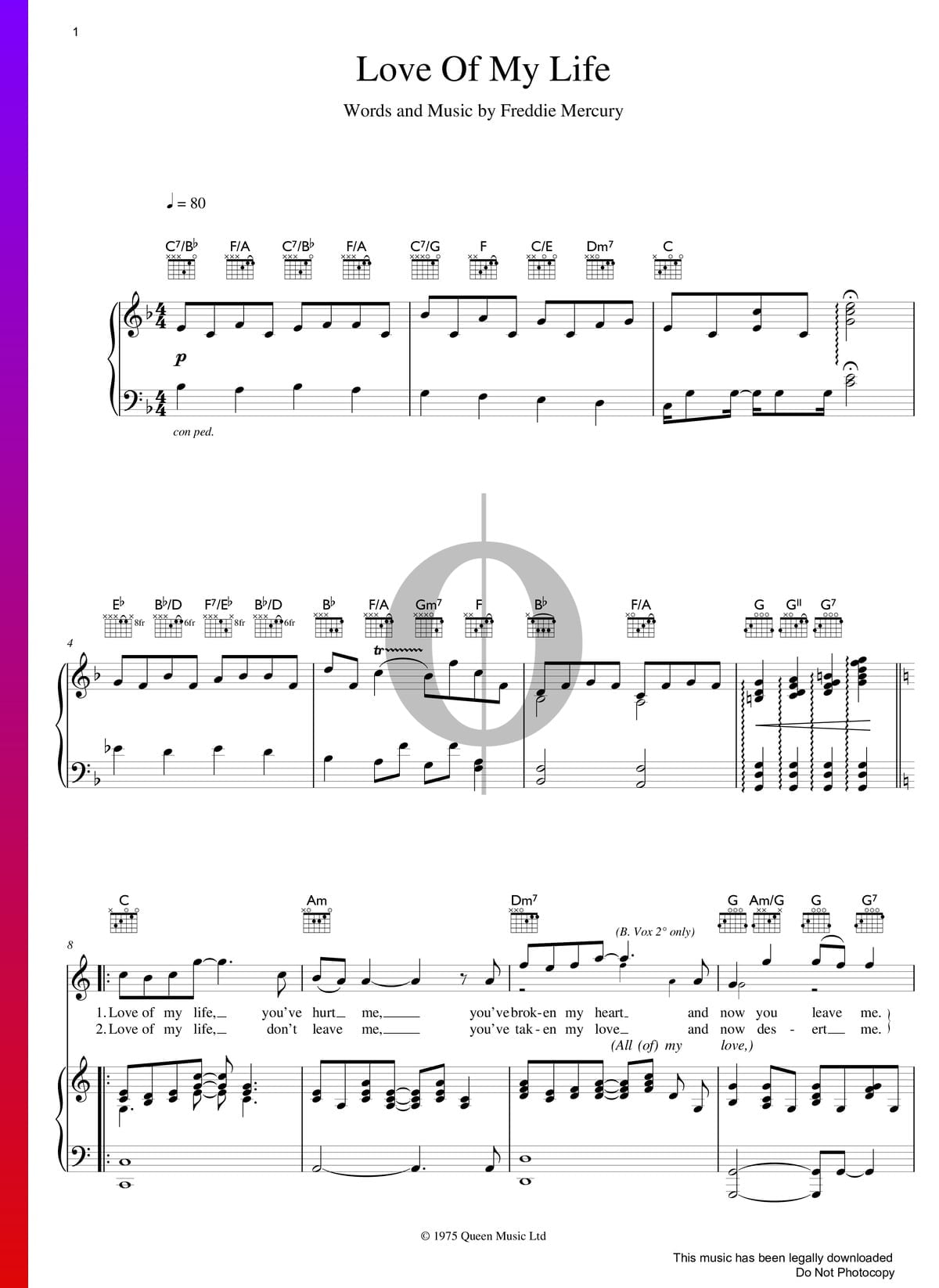 Queen: Love Of My Life sheet music for voice and piano (PDF)