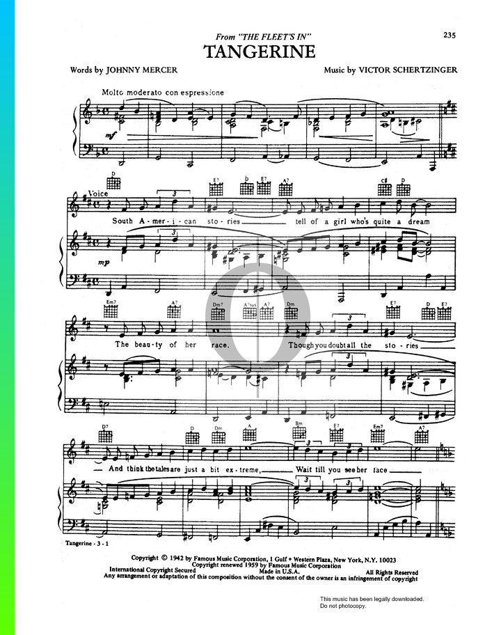 Tangerine Piano Sheet Music from The Fleet's In by Victor Schertzinger