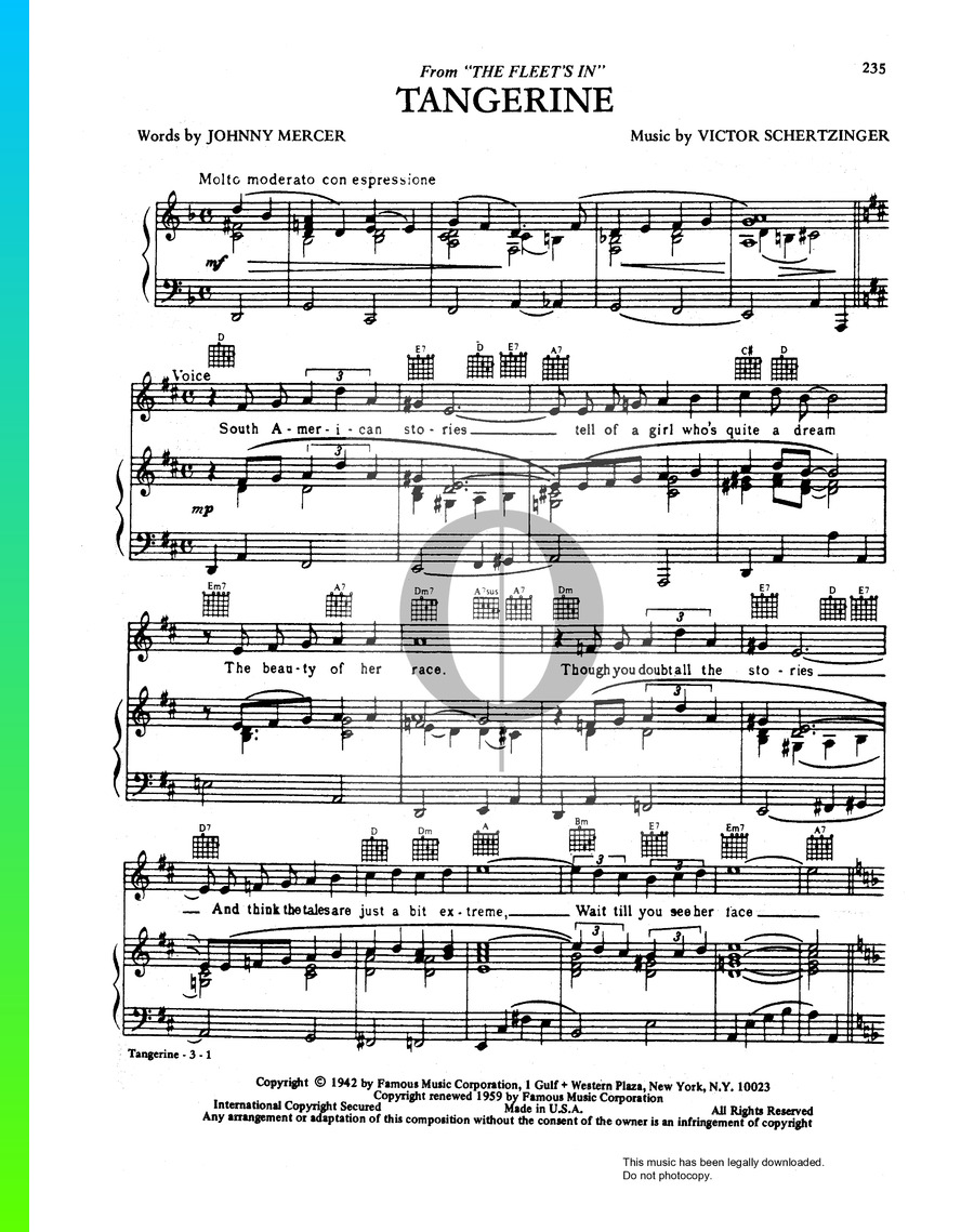 Tangerine Piano Sheet Music from The Fleet's In by Victor Schertzinger