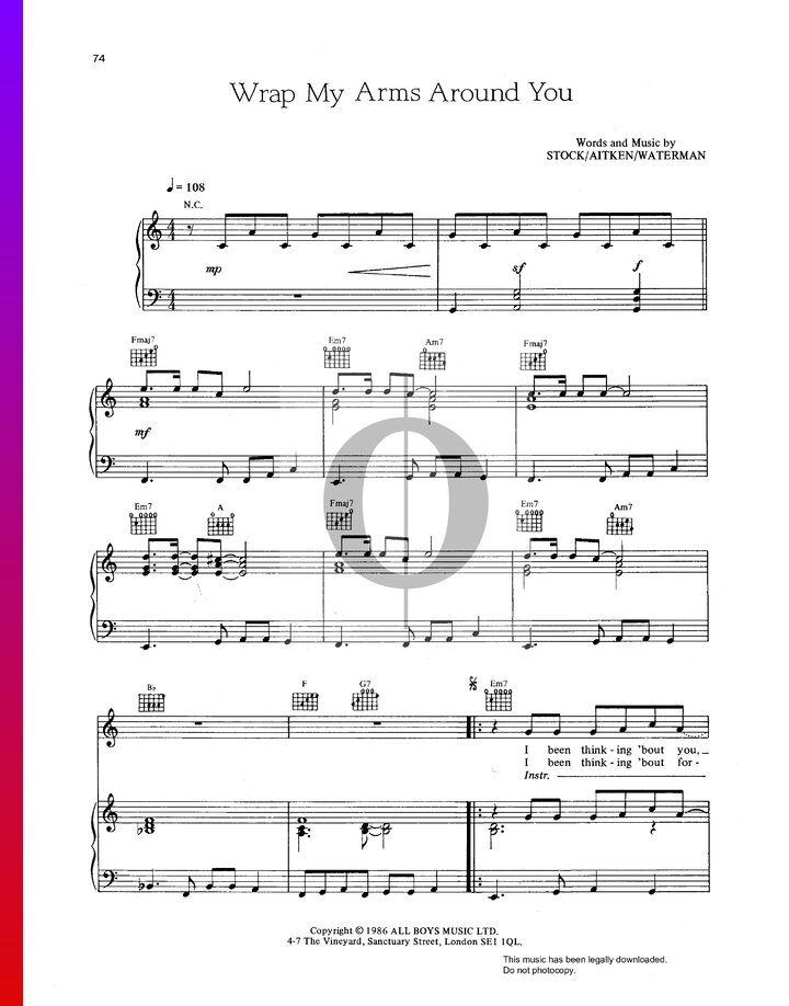 Wrap My Arms Around You (Jason Donovan) Piano Sheet Music - OKTAV