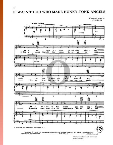 It Wasn't God Who Made Honky Tonk Angels Sheet Music