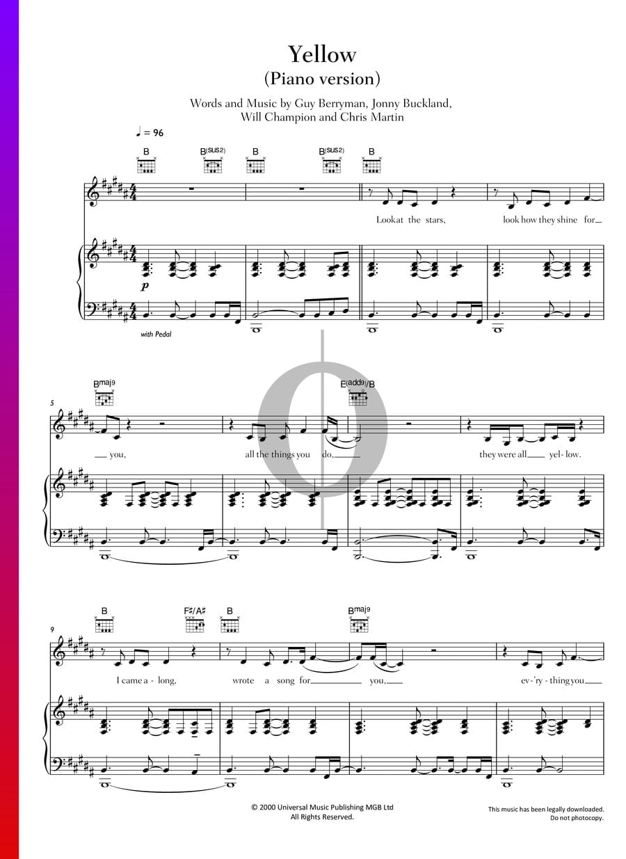 Yellow Klaviernoten (Coldplay) OKTAV