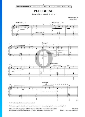 For Children, Sz. 42 Vol. 2: No. 14 Ploughing Sheet Music