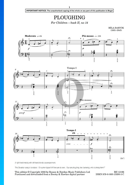 For Children, Sz. 42 Vol. 2: No. 14 Ploughing Sheet Music