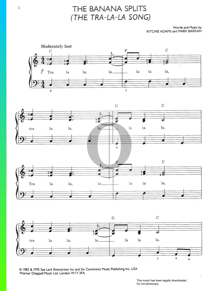 The Banana Splits (The Tra La La Song) Piano Sheet Music from The