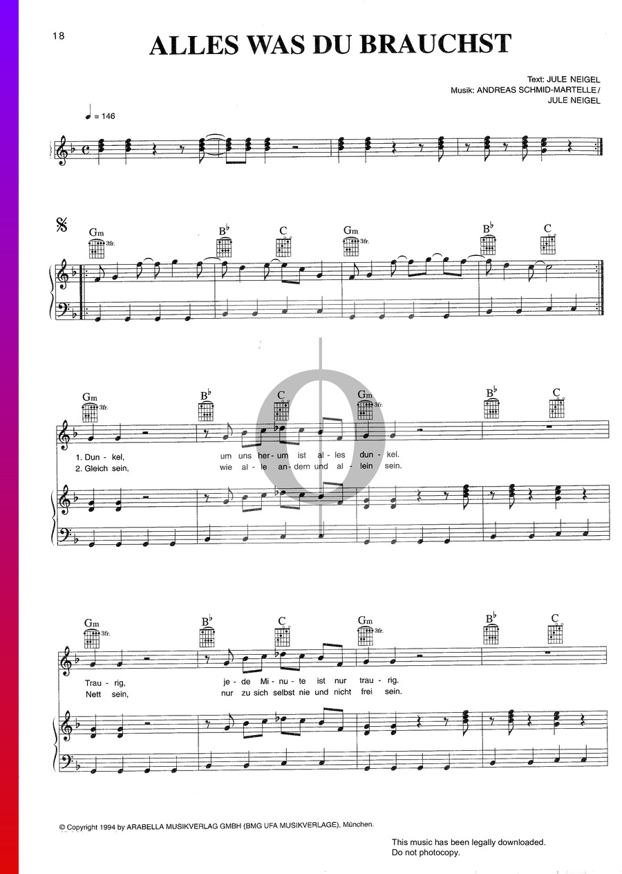 Alles Was Du Brauchst Ist Ein Mädelsabend Alles Was Du Brauchst (Jule Neigel Band) Piano Sheet Music - OKTAV