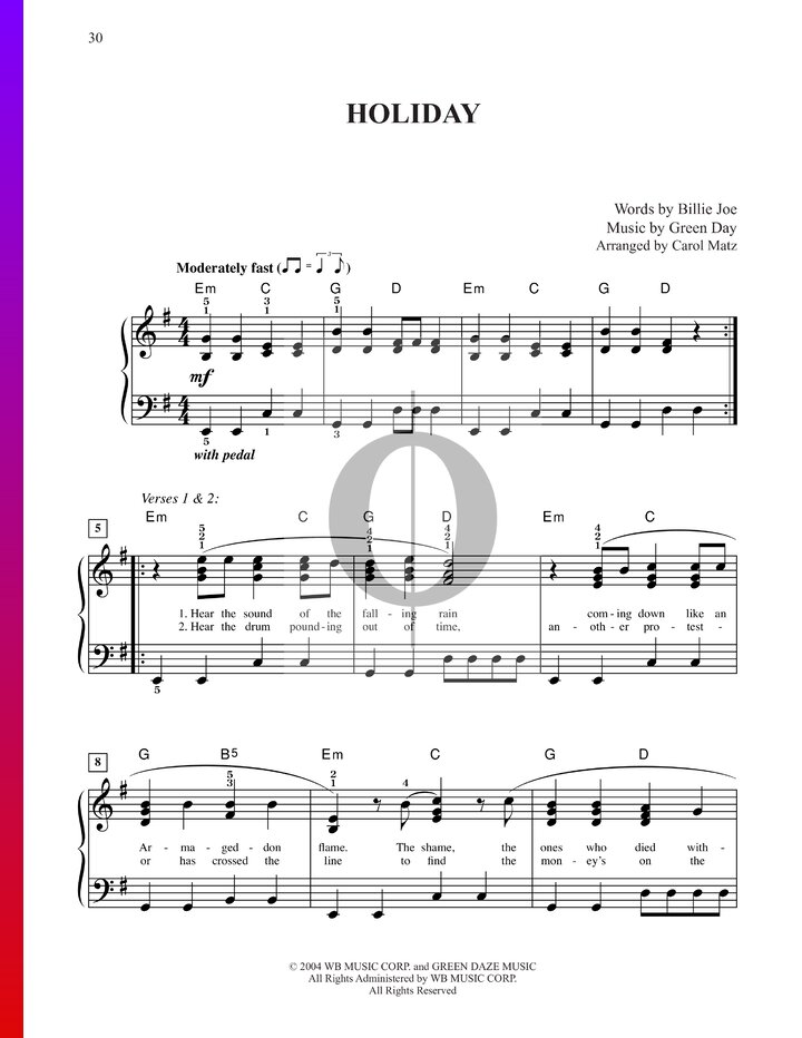 Holiday (Green Day) Piano Sheet Music - OKTAV