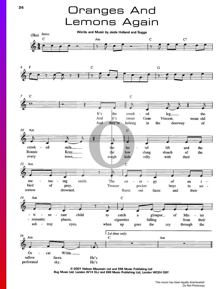 Oranges And Lemons Again (Suggs, Jools Holland) Piano Sheet Music OKTAV