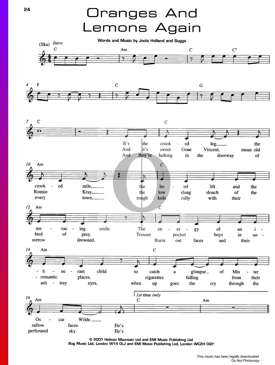 Oranges And Lemons Again (Suggs, Jools Holland) Piano Sheet Music OKTAV