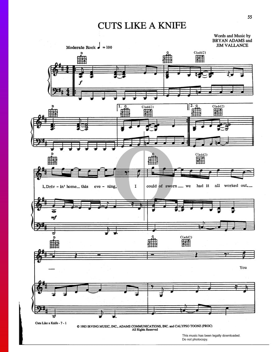 Cuts Like A Knife (Bryan Adams) Piano Sheet Music OKTAV