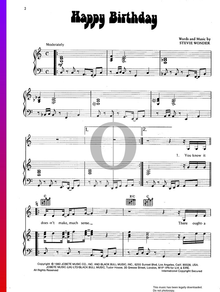 Happy Birthday Stevie Wonder Piano Sheet Music OKTAV Happy birthday stevie wonder piano sheet music oktav