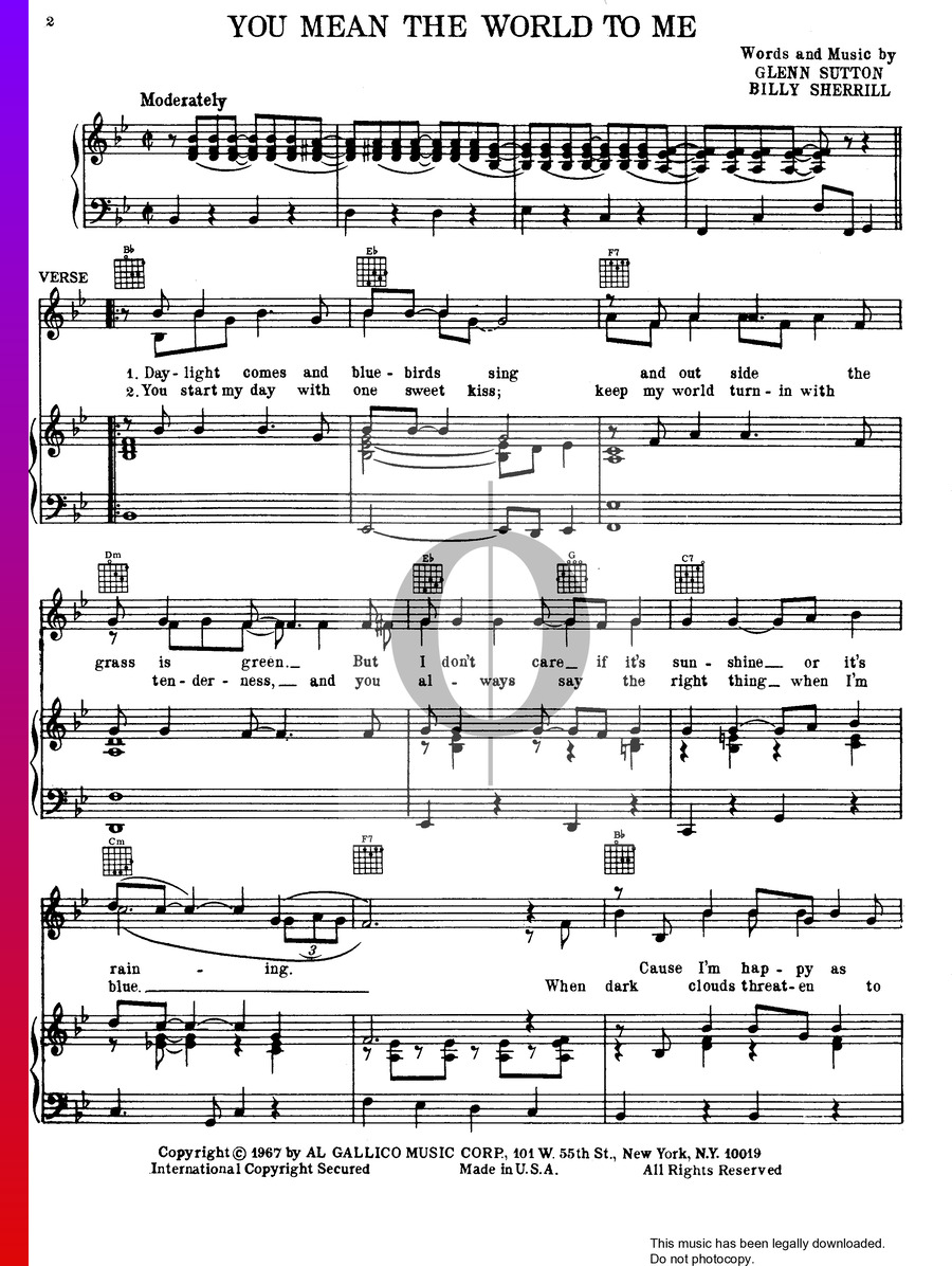 You Mean The World To Me (David Houston) Piano Sheet Music - OKTAV